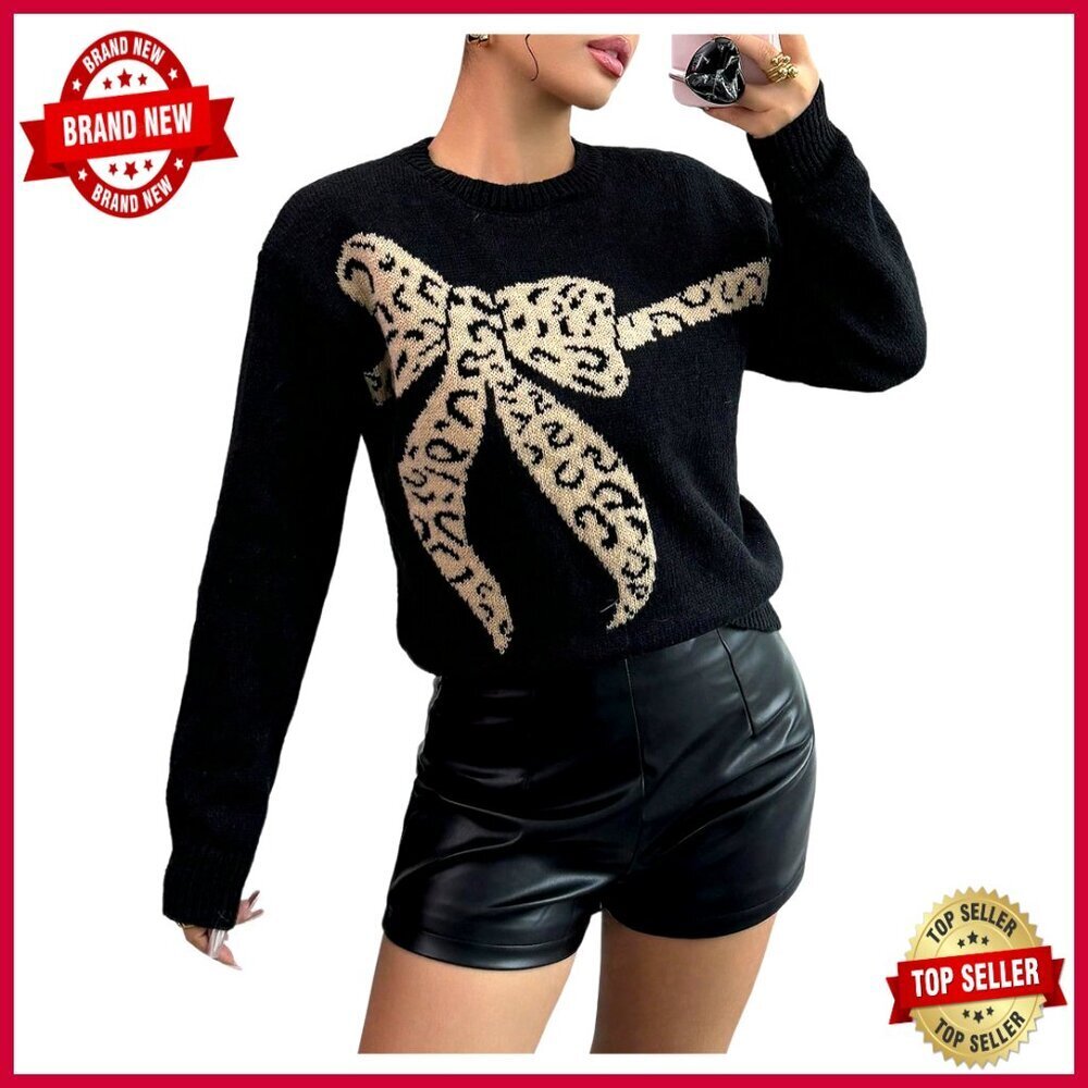 Leopard Print Bow Sweater Pullover Long Sleeve Crew Neck Fall Fashion